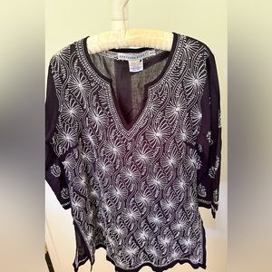 Gretchen Scott Womens Large Tunic, 3/4 sleeves/Navy w/ White Paisley Embroidery